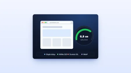 Tarayıcıda açılan web sitesi ve 0,8 saniyelik açılış süresi göstergesi; düşük bütçe, NVMe SSD, ücretsiz SSL ve WebP etiketleri