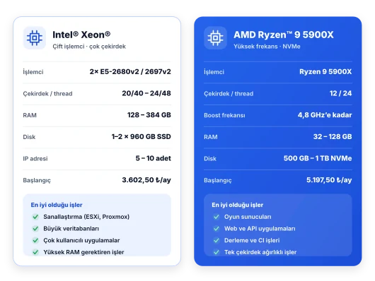 Çift Intel Xeon ve AMD Ryzen 9 5900X sunucu paketlerinin çekirdek, RAM, disk ve uygun iş yüklerine göre karşılaştırması