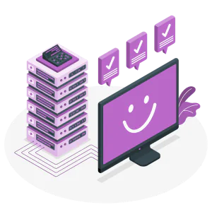 Sunucu ve gülen yüzlü monitör – küçük site için ucuz hosting illüstrasyonu