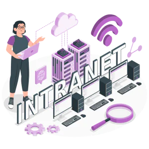 XenForo hosting nedir? Ağ ve sunucu illüstrasyonu önünde dizüstü bilgisayarla çalışan kadın – XenForo hosting illüstrasyonu