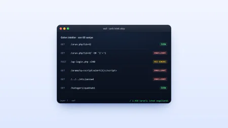 WAF canlı istek akışı: SQL enjeksiyonu, XSS ve dizin aşma isteklerinin engellendiği kayıtlar