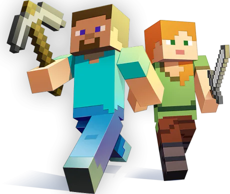 Minecraft sunucusunda birlikte oynayan Steve ve Alex