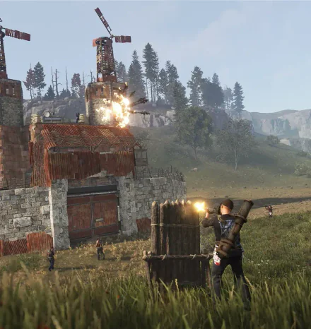 Rust'ta roketatarla taş bir üsse baskın (raid) yapan oyuncu