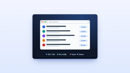 Forum konu listesi illüstrasyonu; 502/504 hataları, bot trafiği, spam ve izleme etiketleri