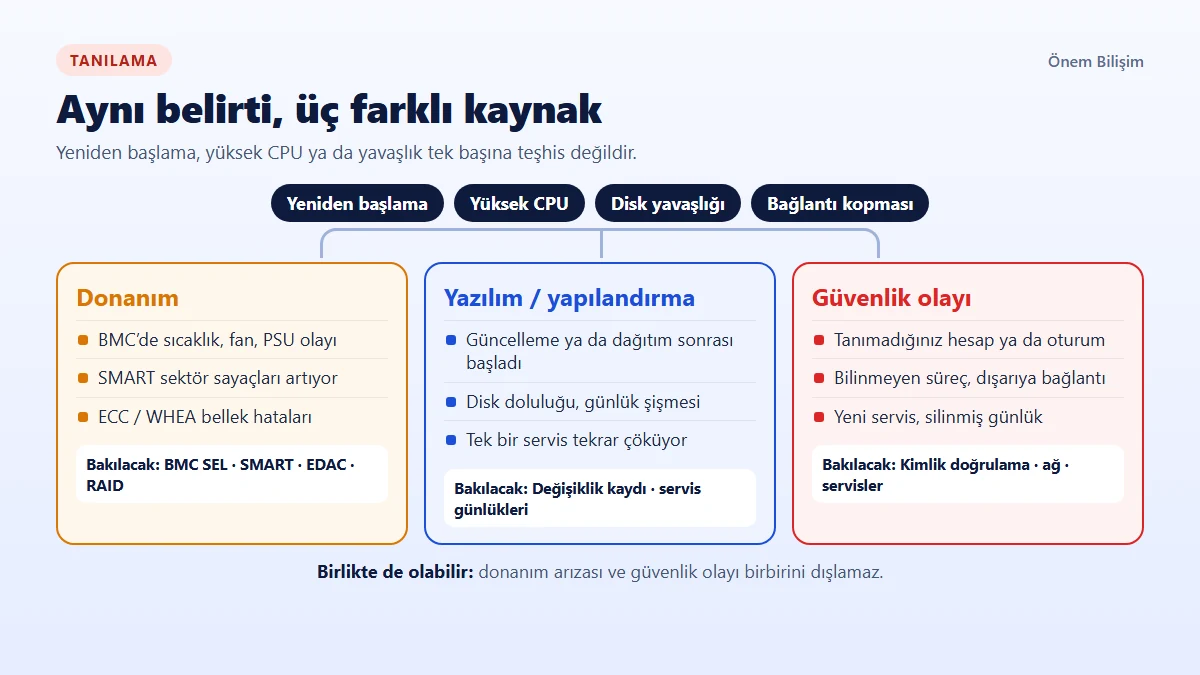 Aynı belirti üç farklı kaynaktan gelebilir: donanım, yazılım veya yapılandırma ve güvenlik olayı; her biri için kontrol edilecek kayıtlar