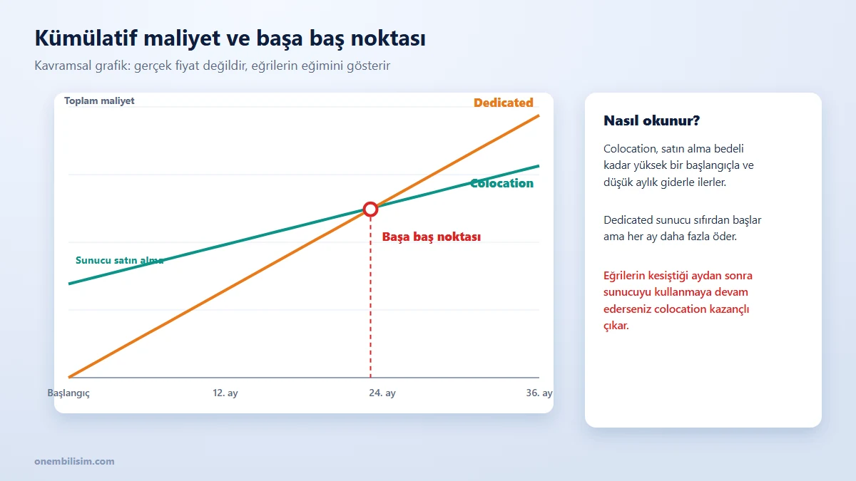 Colocation ve dedicated sunucu kümülatif maliyet eğrileri ve başa baş noktası