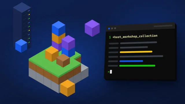 GMod server workshop koleksiyonu ekleme rehberinin kapağı: koyu lacivert zeminde izometrik çimen ada üzerinde renkli addon blokları, sunucu kabini ve terminal.