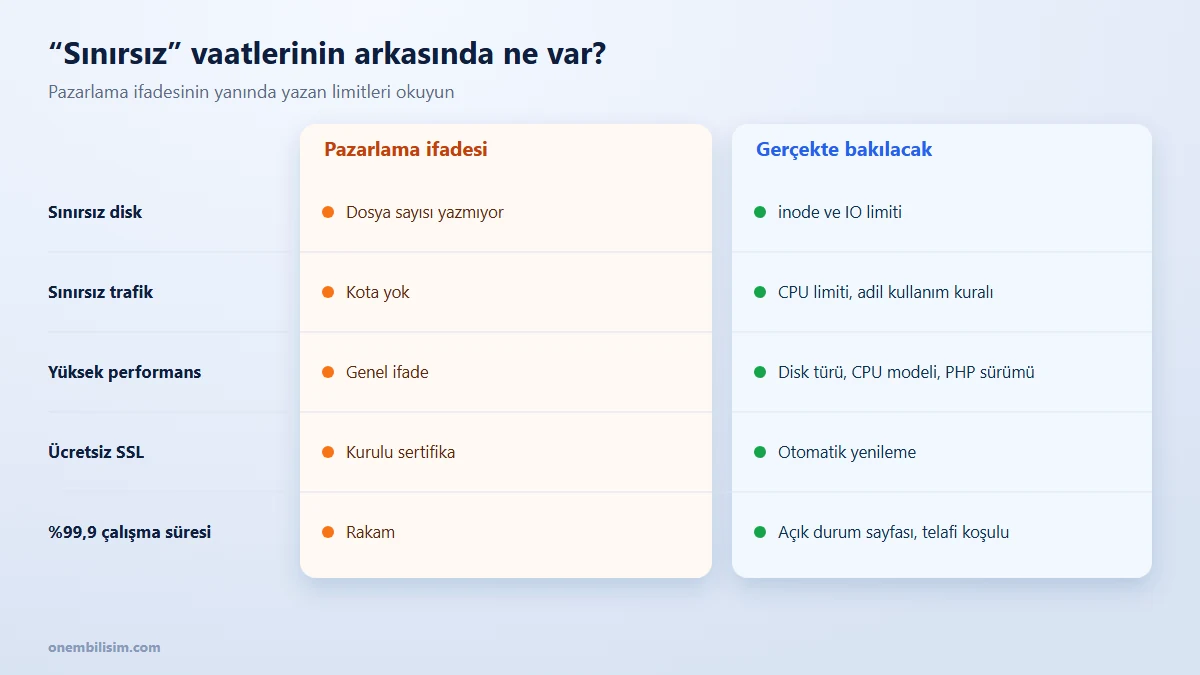 Hosting pazarlama vaatleri ve gerçekte bakılması gereken limitler karşılaştırması