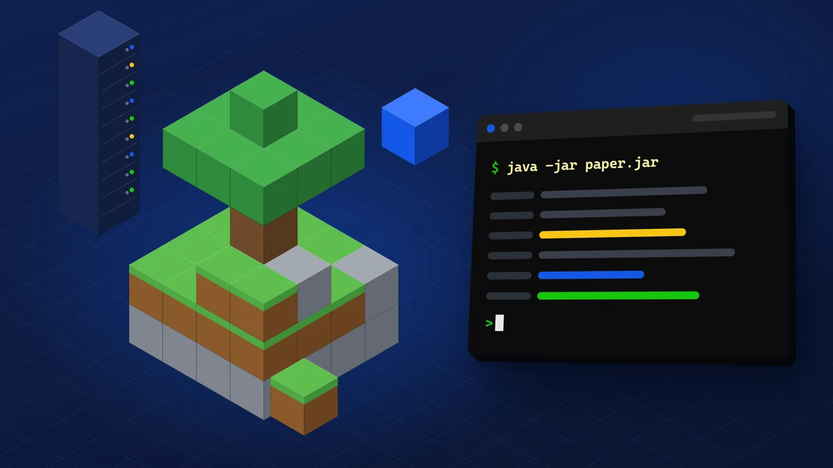 Minecraft server nasıl kurulur rehberinin kapağı: koyu lacivert zeminde izometrik blok küpler, sunucu kabini ve terminal penceresi.
