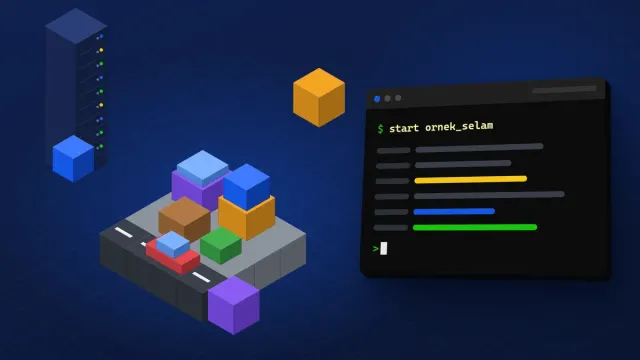 MTA server script yükleme rehberinin kapağı: koyu lacivert zeminde izometrik kaynak blokları, yol, kırmızı araba, sunucu kabini ve terminal penceresi.