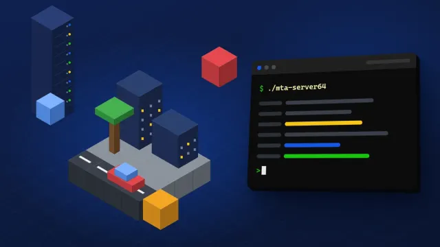 MTA server nasıl kurulur rehberinin kapağı: koyu lacivert zeminde izometrik şehir blokları, yol, kırmızı araba, sunucu kabini ve terminal penceresi.