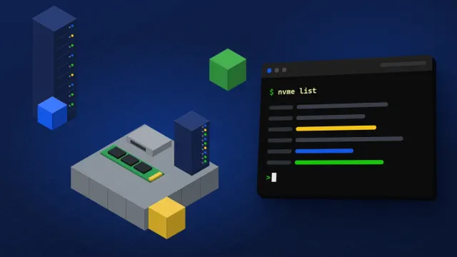 NVMe SSD oyun sunucusu yazısının kapağı: koyu lacivert zeminde izometrik M.2 NVMe kartı, 2.5 inç SSD kutusu, sunucu kabini ve nvme list komutlu terminal.