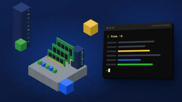 Oyun sunucusu kaç GB RAM ister yazısının kapağı: koyu lacivert zeminde boyları artan üç bellek modülü, sıralı oyuncu küpleri, sunucu kabini ve free -h komutlu terminal.