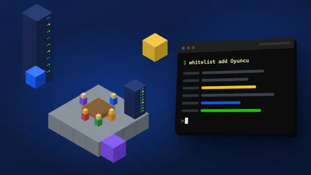 Oyun topluluğu yönetimi yazısının kapağı: koyu lacivert zeminde ahşap toplantı masasının çevresinde oyuncu figürleri, birinin başında altın taç ve whitelist komutlu terminal.