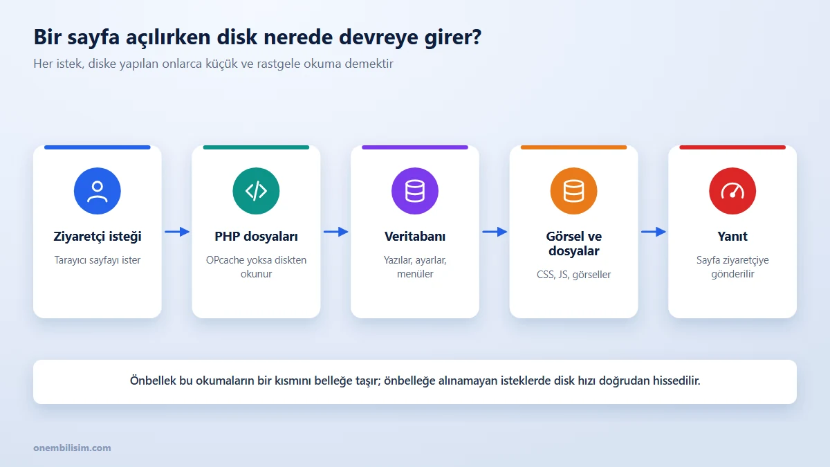 Bir web sayfası açılırken diskin kullanıldığı noktalar: PHP dosyaları, veritabanı, görseller ve önbellek