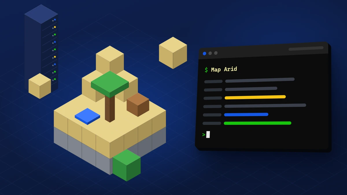 Unturned server workshop mod ekleme yazısının kapağı: koyu lacivert zeminde izometrik harita parçaları, sandıklar, sunucu kabini ve terminal penceresi.