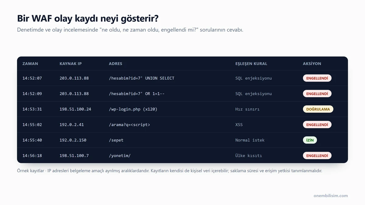 Örnek WAF olay kaydı paneli: engellenen SQL enjeksiyonu isteği, kaynak IP, hedef adres, eşleşen kural ve alınan aksiyon